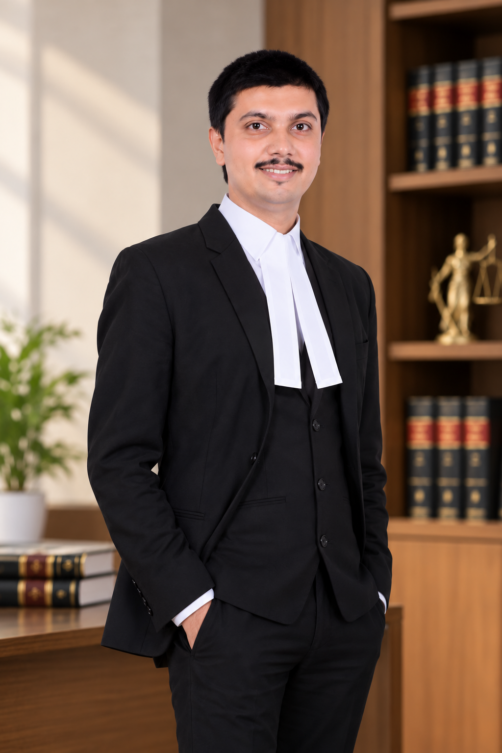 Advocate Dev Kella in formal barrister attire in chambers