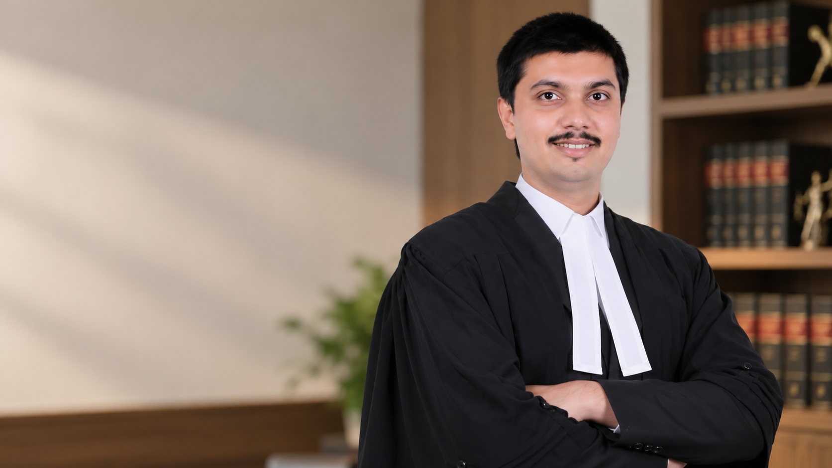 Advocate Dev Kella in formal barrister attire in a professional law office